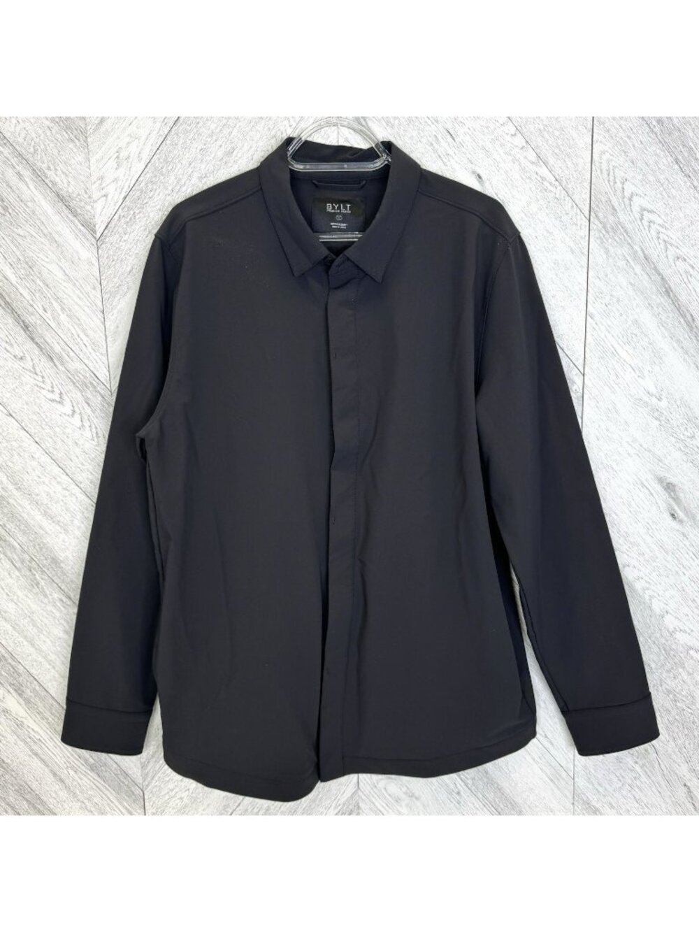 BYLT Tech Nylon Shirt Jacket Shacket Mens Large Black Button Up Long Sleeve